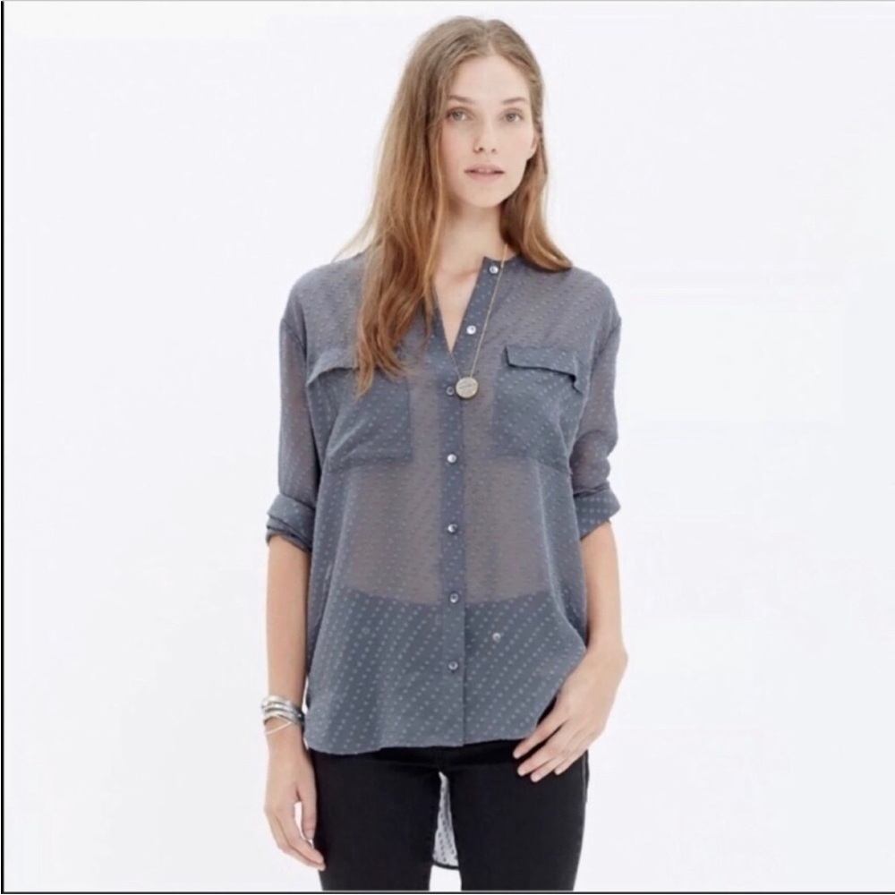 Madewell Medium Sheer Polka Dot Button Up Grey Blue Blouse